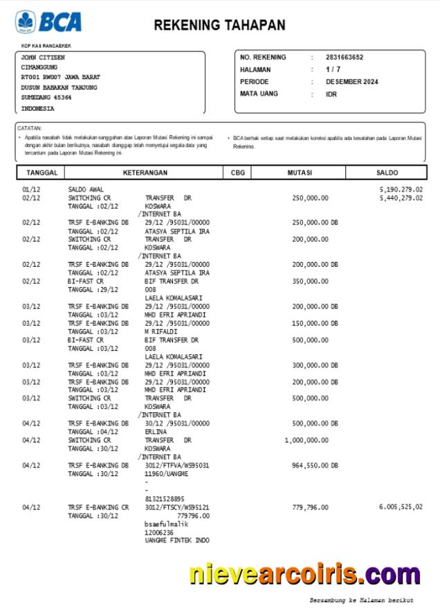 INDONESIA BCA bank statement, Word and PDF format, version 2